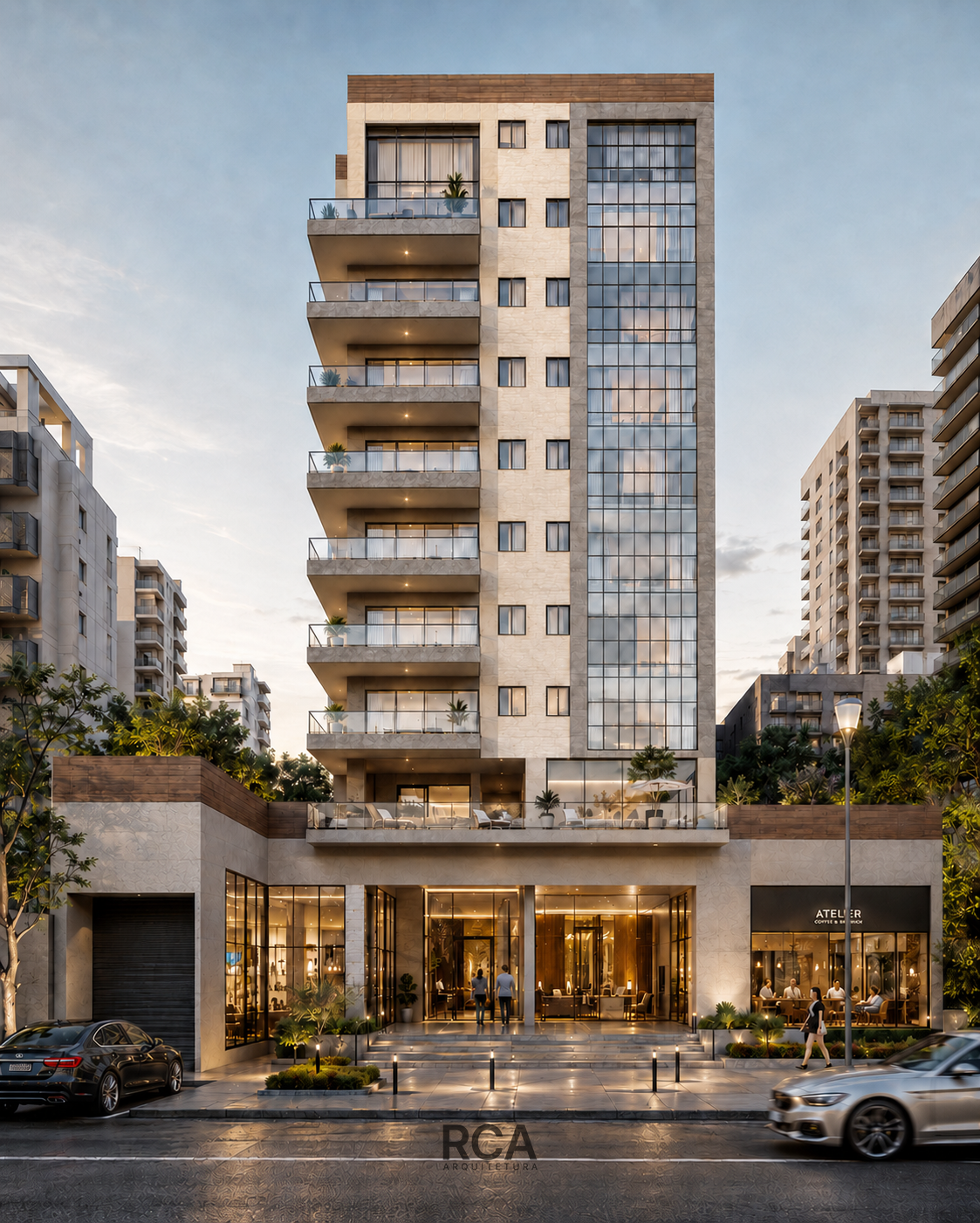 Edifício contemporâneo com fachada comercial e residencial