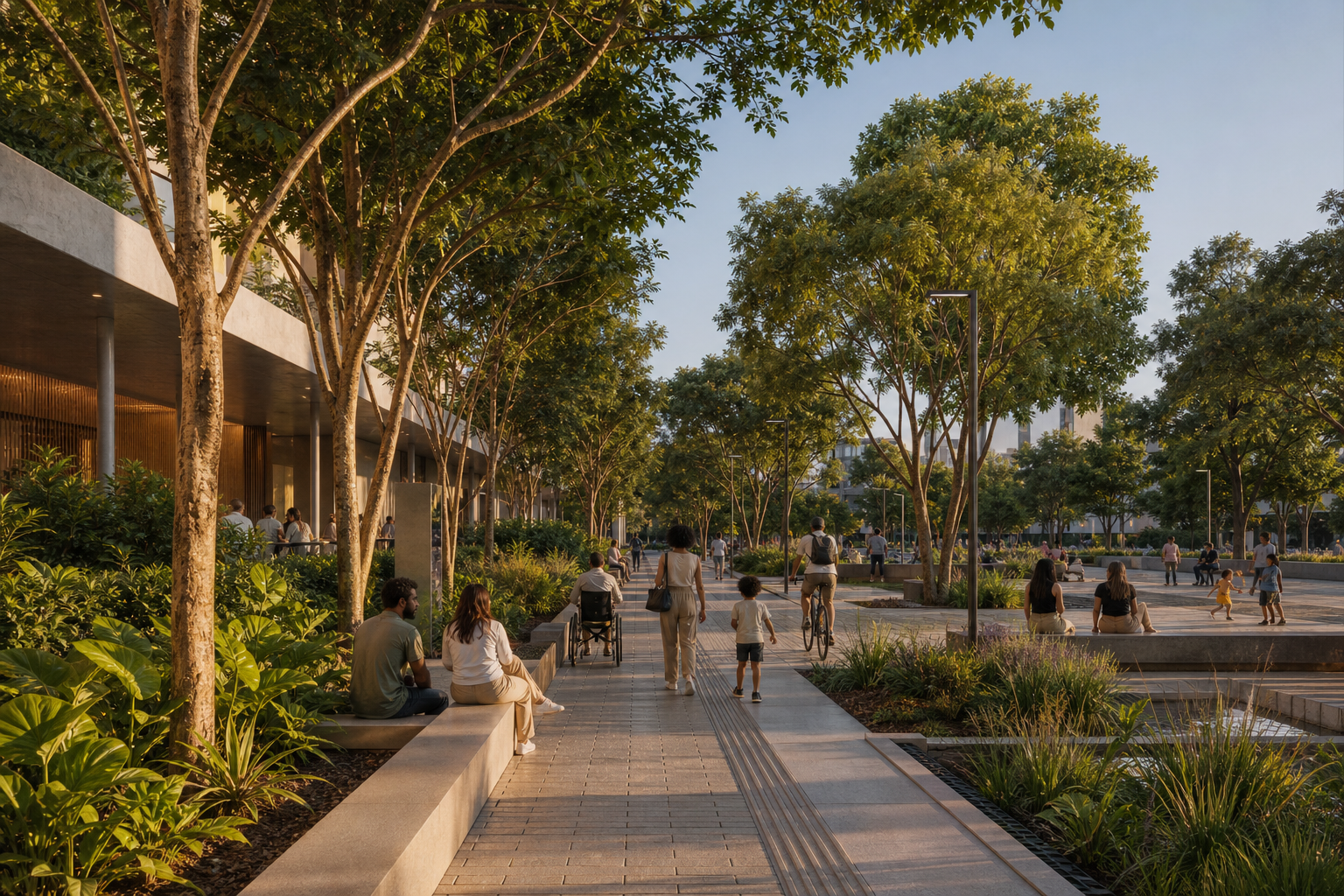 Praça urbana contemporânea com árvores, bancos e circulação democrática